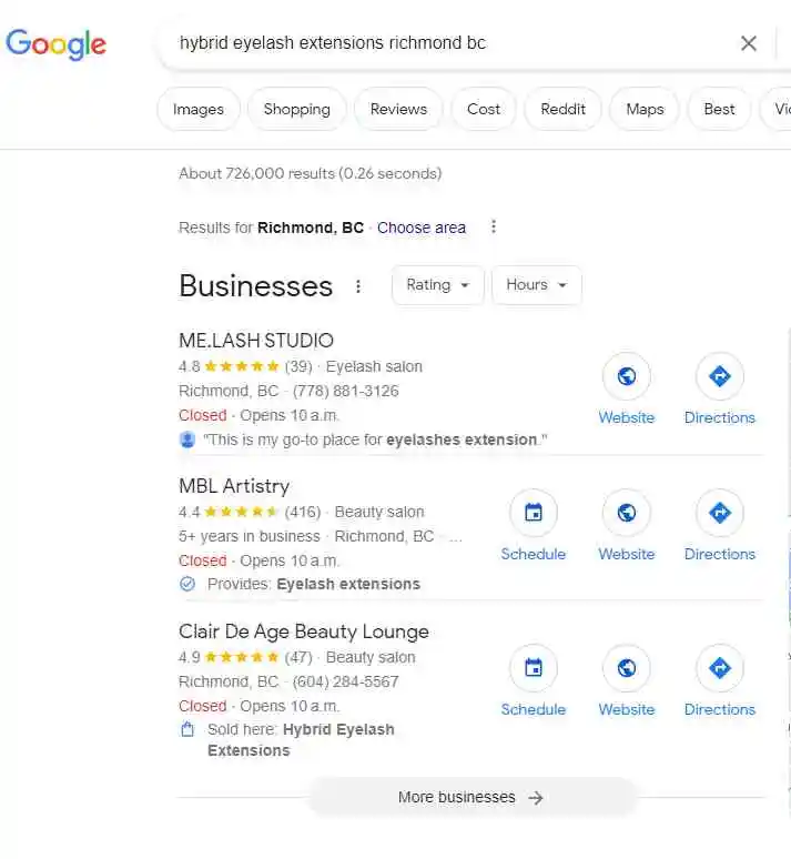 screenshot of google search looking up hybrid eyelash extensions in richmond bc