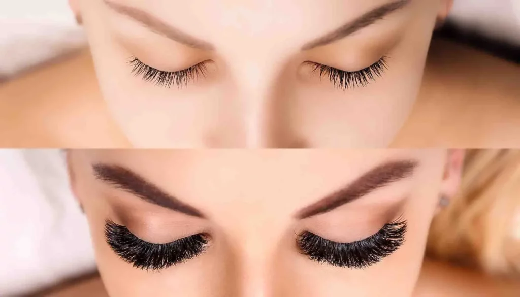 Before and after comparison of eyes with and without volume lash extensions.